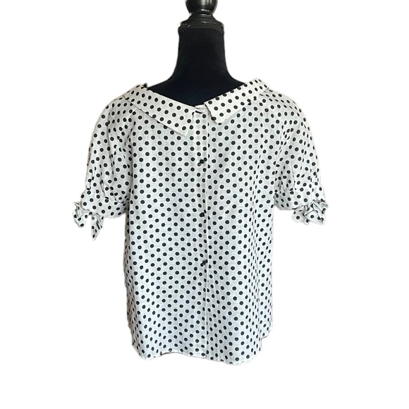 Zara linen shortsleeved bow detail polka dot cream & black button back top large - Picture 4 of 9
